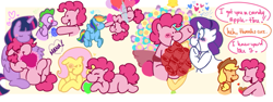 Size: 987x370 | Tagged: safe, artist:dsstoner, applejack, fluttershy, pinkie pie, rainbow dash, rarity, spike, twilight sparkle, alicorn, dragon, earth pony, pegasus, unicorn, apple, balloon, boop, bouquet, candy apple (food), cuddling, female, flower, flutterpie, flying, food, gem, heart, heart balloon, hearts and hooves day, holiday, hug, lesbian, lying down, mane six, pinkie pie gets all the mares, pinkiedash, raripie, shipping, shipping fuel, twinkie