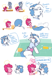 Size: 600x866 | Tagged: safe, artist:dsstoner, fancypants, pinkie pie, earth pony, pony, unicorn, comic:pinkiepants!, blushing, butt, butt shake, comic, dialogue, female, food, male, oblivious, pinkiepants, plot, shipping, straight