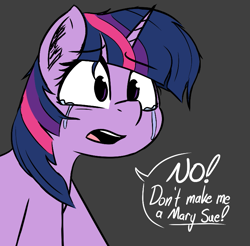 Size: 755x742 | Tagged: safe, artist:pinkberry, derpibooru import, twilight sparkle, unicorn twilight, pony, unicorn, adventure in the comments on derpi, begging, black background, crying, dialogue, female, gray background, mare, mary sue, open mouth, simple background, solo, speech bubble