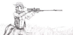 Size: 1900x910 | Tagged: safe, artist:baron engel, derpibooru import, coco pommel, anthro, unicorn, belt, button-up shirt, clothes, cowboy hat, cowgirl, denim, dress shirt, female, grayscale, gun, hat, jeans, monochrome, pants, pencil drawing, rifle, shirt, sniper rifle, stetson, story in the source, story included, traditional art, vest, weapon