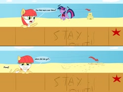 Size: 4000x3000 | Tagged: safe, artist:bestponies, derpibooru import, twilight sparkle, twilight sparkle (alicorn), oc, oc:vicious waves, alicorn, monster pony, original species, pony, shark, shark pony, 2 panel comic, beach, comic, female, fetish, looking at you, mare, preylight, same size vore, sandcastle, smiling, soft vore, vore