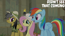 Size: 1920x1080 | Tagged: safe, derpibooru import, edit, edited screencap, editor:quoterific, screencap, daring do, fluttershy, rainbow dash, pegasus, pony, daring doubt, clothes, hat, trio