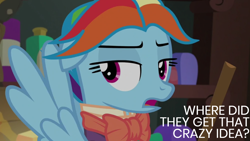 Size: 1920x1080 | Tagged: safe, derpibooru import, edit, edited screencap, editor:quoterific, screencap, rainbow dash, pegasus, pony, a hearth's warming tail, bowtie, clothes, rainbow dash always dresses in style, rainbow sass, shirt, snowdash, solo, waistcoat