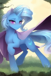 Size: 1024x1536 | Tagged: safe, derpibooru import, editor:craft, generator:purplesmart.ai, generator:stable diffusion, machine learning generated, trixie, pony, unicorn, anime face, cape, clothes, female, grass, grass field, hatless, mare, missing accessory, solo