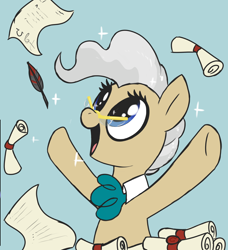 Size: 1850x2030 | Tagged: safe, artist:t72b, derpibooru import, mayor mare, earth pony, pony, blue background, cute, female, glasses, light blue background, looking at something, looking up, mare, mares i love them, mayorable, open mouth, open smile, paperwork, quill, raised arms, scroll, simple background, smiling, snowpity, solo, sparkles