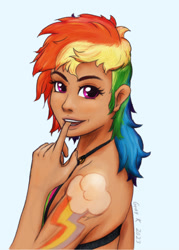 Size: 1000x1400 | Tagged: safe, artist:grayk, derpibooru exclusive, derpibooru import, rainbow dash, human, alternative cutie mark placement, bare shoulders, bikini, bikini top, biting, breasts, bust, clothes, cutie mark tattoo, finger bite, finger in mouth, humanized, looking at you, looking over shoulder, rainboob dash, signature, simple background, sleeveless, swimsuit, tan skin, tattoo