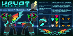 Size: 6000x3000 | Tagged: safe, artist:chvrchgrim, derpibooru import, oc, oc only, oc:krypt, cyborg, augmented, colored wings, cutie mark, cybernetic eyes, cybernetic wings, cyberpunk, folded wings, multicolored hair, multicolored wings, neon, reference sheet, solo, spread wings, wings