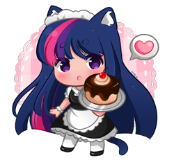 Size: 3744x3614 | Tagged: safe, artist:kittyrosie, derpibooru import, twilight sparkle, human, abstract background, apron, blue hair, blushing, cake, cat ears, cat tail, catgirl, clothes, cute, ear fluff, ears, fangs, floating heart, food, heart, high res, hime cut, humanized, light skin, long hair, looking at you, looking forward, maid, maidlight sparkle, multicolored hair, nekomimi, open mouth, pink hair, purple hair, redraw, shoes, signature, simple background, skirt, solo, tail, tailed humanization, twiabetes, twilight cat