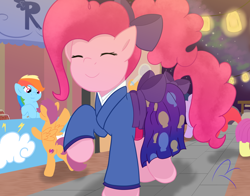 Size: 1380x1080 | Tagged: safe, artist:reinbou, derpibooru import, apple bloom, pinkie pie, rainbow dash, scootaloo, twilight sparkle, earth pony, pegasus, pony, unicorn, clothes, festival, kimono (clothing), light, night