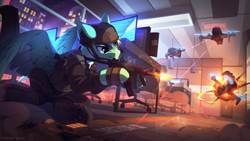 Size: 2600x1463 | Tagged: safe, artist:redchetgreen, derpibooru import, oc, oc only, pegasus, pony, ar15, armor, chair, city, clothes, colored, colored belly, computer, cracked, cracked screen, desk, dexterous hooves, drone, ear protection, explosion, fight, furniture, furrowed brow, gun, gunfire, handgun, headphones, headset, helmet, hexagon, holster, hoof hold, indoors, lighting, lightly watermarked, low angle, microphone, monitor, mp7, office, office chair, pale belly, partially open wings, pdw, pistol, rifle, scenery, scenery porn, shading, shooting, signature, sitting, smoke, solo, static, sticky note, submachinegun, warning, watermark, weapon, window, wings