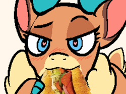 Size: 488x364 | Tagged: safe, derpibooru import, velvet reindeer, deer, reindeer, them's fightin' herds, banned from foenum, cloven hooves, community related, eating, eyebrows, female, food, heart, heart eyes, looking at you, not porn, raised eyebrow, sandwich, sandwich censorship, solo, wingding eyes