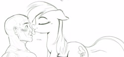 Size: 4096x1891 | Tagged: safe, artist:_ton618_, derpibooru import, rainbow dash, oc, oc:anon, human, pegasus, pony, black and white, cute, dashabetes, duo, ears, eyes closed, female, floppy ears, grayscale, licking, male, mare, monochrome, simple background, tongue, tongue out, white background, wingless