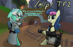 Size: 2800x1800 | Tagged: safe, derpibooru import, bon bon, lyra heartstrings, sweetie drops, earth pony, pony, unicorn, /mlp/ tf2 general, ammunition belt, angry, badwater, bipedal, cart, clothes, duo, female, heavy weapons guy, jacket, looking at you, mare, medic, minigun, payload, pointing, rock, smiling, team fortress 2, tunnel