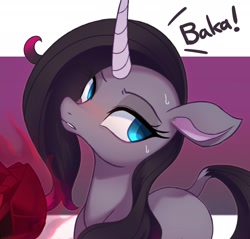 Size: 2182x2083 | Tagged: safe, alternate version, artist:maren, derpibooru import, oleander, classical unicorn, unicorn, them's fightin' herds, 2020, baka, blushing, book, cloven hooves, community related, curved horn, female, frown, horn, leonine tail, levitation, looking away, magic, mare, old art, oleandere, simple background, solo, sweat, sweatdrop, tail, telekinesis, tsundere, unicornomicon, unshorn fetlocks