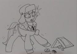 Size: 2048x1441 | Tagged: safe, artist:pony quarantine, derpibooru import, march gustysnows, earth pony, pony, clothes, donut, female, food, grayscale, hat, jacket, looking down, mare, monochrome, necktie, open mouth, pencil drawing, shocked, solo, the horror, traditional art