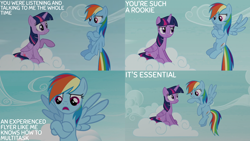 Size: 2000x1125 | Tagged: safe, derpibooru import, edit, edited screencap, editor:quoterific, screencap, rainbow dash, twilight sparkle, twilight sparkle (alicorn), alicorn, testing testing 1-2-3, cloud, flying, on a cloud, sitting, sitting on cloud