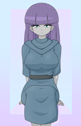 Size: 1433x2224 | Tagged: safe, artist:batipin, derpibooru import, maud pie, equestria girls, breasts, female, looking at you, maud pies, sitting, solo