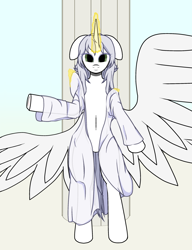 Size: 2000x2600 | Tagged: safe, derpibooru import, oc, oc only, oc:κασσάνδρα, alicorn, pony, semi-anthro, alicorn oc, belly button, clothes, female, glowing, glowing horn, horn, magic, magic aura, solo, wings