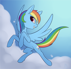 Size: 2961x2872 | Tagged: safe, artist:dusthiel, derpibooru import, rainbow dash, pony, backwards cutie mark, belly, chest fluff, cloud, concave belly, ear fluff, ears, grin, head turn, head turned, leg fluff, looking at you, looking back, looking back at you, on a cloud, rearing, slim, smiling, smiling at you, solo, spread wings, tail, thin, windswept tail, wings