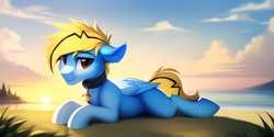 Size: 4096x2048 | Tagged: safe, derpibooru import, machine learning generated, oc, oc only, oc:thunder lightning, pegasus, pony, backlighting, bell, bell collar, collar, colored, depth of field, ears, floppy ears, folded wings, looking at you, lying down, male, pegasus oc, prone, shading, sky, solo, sunrise, sunset, water, wings