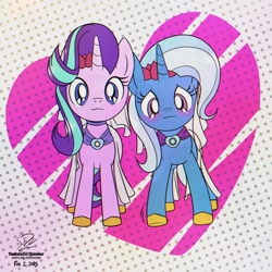 Size: 1920x1920 | Tagged: safe, artist:theratedrshimmer, derpibooru import, starlight glimmer, trixie, pony, unicorn, :3, blushing, cute, duo, duo female, female, heart, lesbian, shipping, smiling, startrix