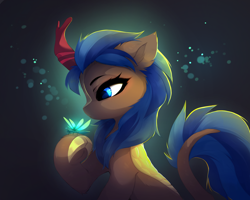 Size: 3810x3048 | Tagged: safe, artist:magnaluna, derpibooru import, oc, oc only, oc:cobalt flame, insect, kirin, pony, abstract background, chest fluff, ear fluff, ears, gradient background, hoof fluff, insect on hoof, kirin oc, looking at something, solo, underhoof