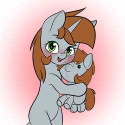 Size: 3000x3000 | Tagged: safe, artist:alexsc112, derpibooru import, oc, oc only, oc:littlepip, pony, unicorn, fallout equestria, bipedal, blank flank, blushing, brown mane, brown tail, cute, duality, female, gradient background, green eyes, holding, horn, hug, looking at you, mare, missing cutie mark, ocbetes, pipabetes, plushie, self plushidox, smiling, smiling at you, tail