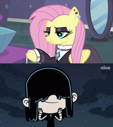 Size: 498x559 | Tagged: safe, derpibooru import, edit, screencap, fluttershy, human, pegasus, pony, fake it 'til you make it, black, black dress, clothes, dress, female, fluttergoth, lucy loud, mare, reaction, the loud house