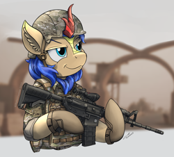 Size: 1920x1737 | Tagged: safe, artist:buckweiser, derpibooru import, oc, oc only, oc:cobalt flame, kirin, assault rifle, body armor, camouflage, clothes, gloves, gun, helmet, kirin oc, m4, military uniform, rifle, soldier, soldier pony, uniform, weapon