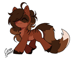 Size: 624x483 | Tagged: safe, artist:cottonsweets, derpibooru import, oc, oc only, oc:maia, hybrid, pony, raccoon, raccoon pony, belly fluff, blushing, chest fluff, ear fluff, ears, eye clipping through hair, female, happy, mare, simple background, smiling, solo, stripes, unshorn fetlocks, white background