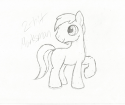 Size: 1024x856 | Tagged: dead source, safe, artist:theshadowstone, derpibooru import, oc, oc:2bit marksman, crystal pony, crystal pony oc, facial hair, goatee, handwriting, looking up, male, monochrome, name, sketch, smiling, solo, stallion, stallion oc