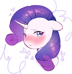 Size: 859x888 | Tagged: safe, artist:cherrnichka, derpibooru import, rarity, pony, unicorn, blushing, bust, female, floating heart, heart, mare, portrait, simple background, solo, white background