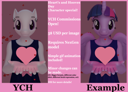 Size: 3000x2160 | Tagged: safe, artist:kamimation, derpibooru import, twilight sparkle, twilight sparkle (alicorn), alicorn, anthro, earth pony, 3d, advertisement, blender, clothes, commission, commission info, folded wings, heart, holiday, looking at you, smiling, smiling at you, text, valentine's day, wings, ych example, your character here