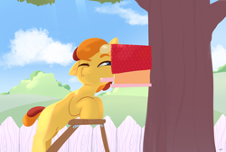 Size: 1920x1300 | Tagged: safe, artist:storyteller, derpibooru import, oc, oc:omelette, earth pony, pony, bird house, colt, fence, foal, ladder, lineless, male, squint, tree