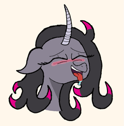 Size: 553x559 | Tagged: safe, derpibooru import, oleander, unicorn, them's fightin' herds, ahegao, banned from foenum, blushing, community related, curved horn, drool, eyes closed, female, horn, open mouth, tongue, tongue out