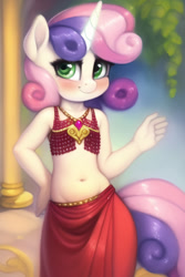 Size: 512x768 | Tagged: safe, generator:novelai, machine learning generated, sweetie belle, anthro, unicorn, belly button, belly dancer, belly dancer outfit, blushing, breasts, child, delicious flat chest, detailed background, explicit source, female, glowing horn, horn, looking at you, prompter:foal-harem, small breasts, solo, solo female, underage