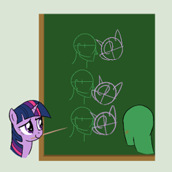 Size: 328x328 | Tagged: safe, artist:truthormare, ponerpics import, twilight sparkle, oc, oc:anon, human, pony, aggie.io, blushing, canon x oc, chalkboard, demonstration, diagram, duo, female, human male, lidded eyes, male, mare, show accurate, smiling, teaching