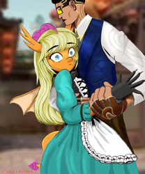 Size: 1500x1800 | Tagged: safe, alternate version, artist:samueldavillo, smolder, dragon, human, chamber, claws, clothes, crossover, dress, glasses, gloves, maid, shocked, smolder also dresses in style, valorant, wig, wings