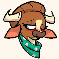 Size: 464x464 | Tagged: safe, derpibooru import, cow, them's fightin' herds, bandana, banned from foenum, community related, female, lidded eyes, madison (tfh), one eye closed, open mouth