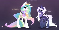 Size: 4096x2127 | Tagged: safe, artist:red_tsukini, derpibooru import, princess celestia, princess luna, alicorn, pony, chest fluff, crown, ear piercing, earring, female, jewelry, long tail, mare, necklace, piercing, regalia, royal sisters, siblings, sideways, simple background, sisters, tail, tail wrap