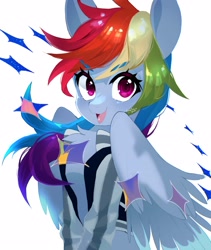 Size: 2894x3432 | Tagged: safe, artist:potetecyu_to, derpibooru import, rainbow dash, pegasus, pony, chest fluff, clothes, female, high res, jacket, looking at you, mare, simple background, smiling, smiling at you, solo, white background