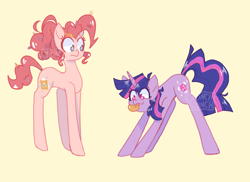 Size: 1280x934 | Tagged: safe, artist:chunchalunch, derpibooru import, pinkie pie, twilight sparkle, unicorn twilight, earth pony, pony, unicorn, :p, alternate cutie mark, alternate hairstyle, alternate name, alternate universe, concave belly, cream background, duo, duo female, female, long legs, mare, messy mane, no pupils, paper clip, pencil, role reversal, shiny mane, silly, silly pony, simple background, tongue, tongue out, yellow background