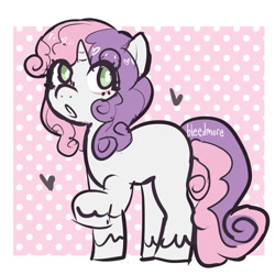 Size: 1280x1280 | Tagged: safe, artist:bleed-more, derpibooru import, sweetie belle, unicorn, :o, abstract background, blank flank, female, filly, foal, frame, heart, no pupils, open mouth, polka dots, shiny mane, signature, solo, unshorn fetlocks
