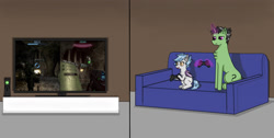 Size: 1641x828 | Tagged: safe, artist:nismorose, derpibooru import, oc, oc:anon, oc:nocturnal pike, bat pony, unicorn, fanfic:the long and short of it, 2 panel comic, bat wings, big pony, chest fluff, comic, controller, ear fluff, ear tufts, ears, excited, fanfic, fanfic art, fangs, female, glowing, glowing horn, halo, halo (series), halo 3, hand, happy, horn, indoors, magic, magical hands, male, mare, sitting, slit eyes, small pony, sofa, split screen, stallion, telekinesis, television, two sides, wings, xbox, xbox 360, xbox 360 controller