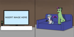 Size: 1645x828 | Tagged: safe, artist:nismorose, derpibooru import, oc, oc only, oc:anon, oc:nocturnal pike, bat pony, unicorn, fanfic:the long and short of it, 2 panel comic, bat wings, big pony, chest fluff, comic, controller, ear fluff, ear tufts, ears, excited, fanfic, fanfic art, fangs, female, glowing, glowing horn, hand, happy, horn, indoors, insert picture here, magic, magical hands, male, mare, sitting, slit eyes, small pony, sofa, split screen, stallion, telekinesis, television, two sides, wings, xbox, xbox 360, xbox 360 controller