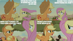 Size: 2000x1125 | Tagged: safe, derpibooru import, edit, edited screencap, editor:quoterific, screencap, applejack, fluttershy, sounds of silence