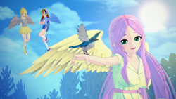 Size: 1920x1080 | Tagged: source needed, safe, anonymous artist, derpibooru import, derpy hooves, fluttershy, rainbow dash, bird, human, 3d, converse, flying, humanized, koikatsu, shoes, winged humanization, wings