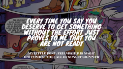 Size: 1920x1080 | Tagged: safe, derpibooru import, editor:quoterific, idw, princess celestia, sunset shimmer, alicorn, pegasus, pony, unicorn, comic, crown, dialogue, glowing, glowing horn, horn, jewelry, regalia, royal guard, speech bubble