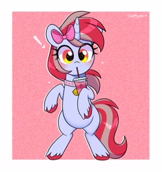 Size: 3100x3300 | Tagged: safe, artist:darkynez, derpibooru import, oc, oc only, oc:cinnamon lightning, pony, unicorn, bell, bell collar, belly, bipedal, blushing, bow, collar, drink, drinking straw, exclamation point, hair bow, heart, looking at you, solo, surprised, unshorn fetlocks, wide eyes