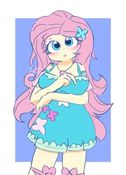 Size: 1169x1626 | Tagged: safe, artist:leo19969525, derpibooru import, fluttershy, human, equestria girls, blue eyes, blushing, breasts, clothes, cute, dress, female, hair, hootershy, looking at you, open mouth, pink hair, shyabetes, simple background, solo